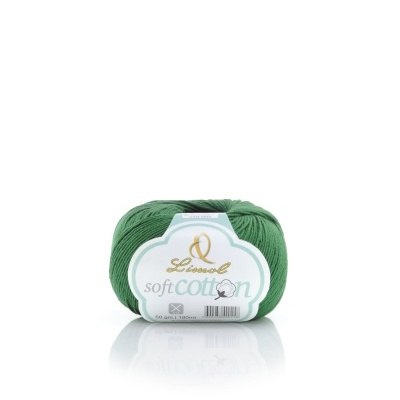 Novelo de fio verde Linnet Soft Cotton com etiqueta branca