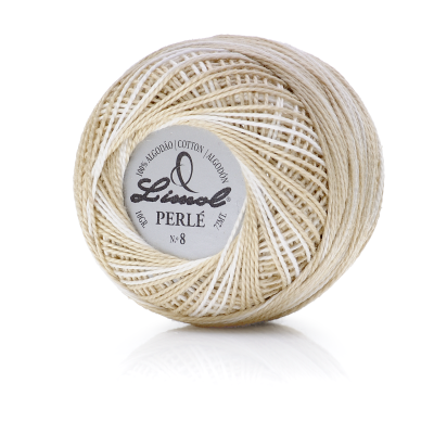 Rolo de linha de algodão Limol Perlé bege claro e branco com etiqueta central