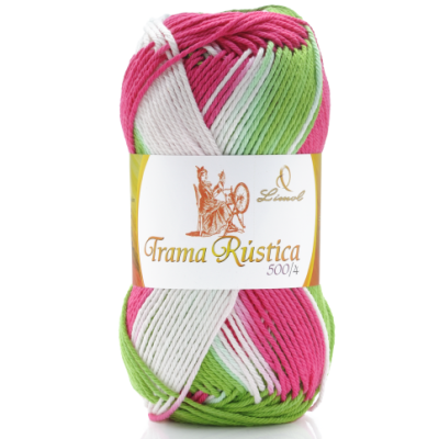 Novelo de lã multicolorida rosa, branco e verde com rótulo da marca Limol Trama Rústica 500/4