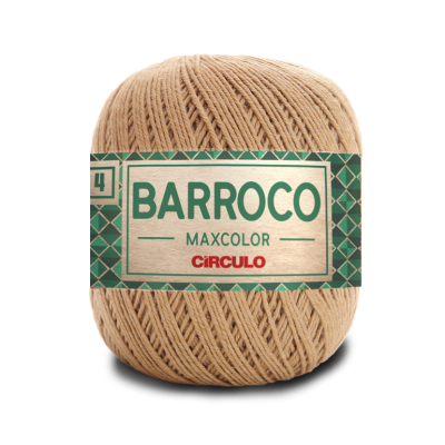 Rolo de fio bege claro com etiqueta verde e creme com texto BARROCO MAXCOLOR CIRCULO número 4