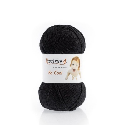 Novelo de lã preta Rosários 4 com etiqueta branca e imagem de criança.