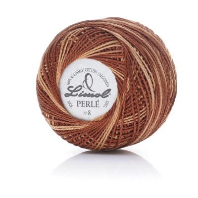Bobina de linha Limol Perlé castanha e bege com rótulo branco