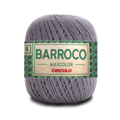 Rolo de fio cinza com etiqueta verde e dourada 'BARROCO MAXCOLOR CIRCULO'