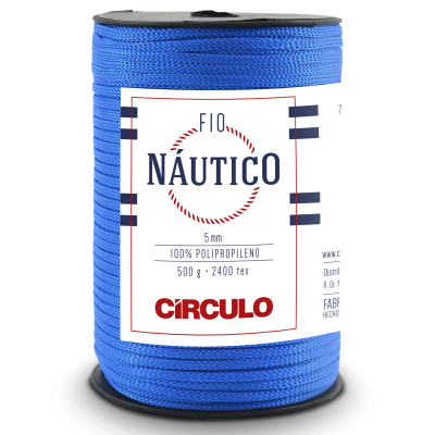 Rolo de fio náutico azul com etiqueta branca e texto detalhado