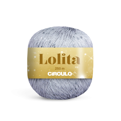 Rolo de fio cinzento claro com brilhos e lantejoulas e etiqueta amarela Lolita CIRCULO
