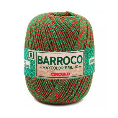 Novelo de fio Barroco Maxcolor Brilho vermelho e verde com etiqueta verde e bege
