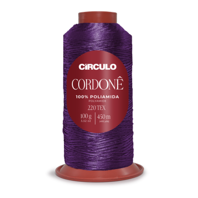 Carrete de linha roxa Círculo Cordonê com etiqueta vermelha