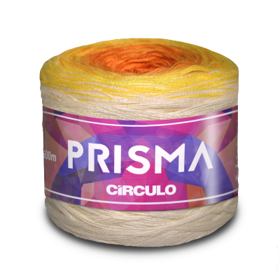 Novelo de fio de lã amarelo a laranja com etiqueta PRISMA CÍRCULO