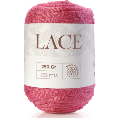 Novelo de linha cor-de-rosa com etiqueta Lace e informações de peso e comprimento