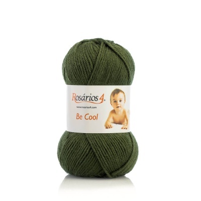 Novelo de lã verde escuro com etiqueta branca mostrando bebé e texto Rosários 4 Be Cool