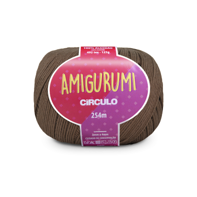 Novelo de fio marrom para amigurumi Círculo 254m etiqueta rosa