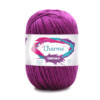 Novelo de fio de algodão roxo com etiqueta da marca Charme Circulo