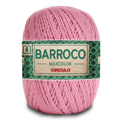 Novelo de fio cor-de-rosa com etiqueta verde e bege da marca CÍRCULO