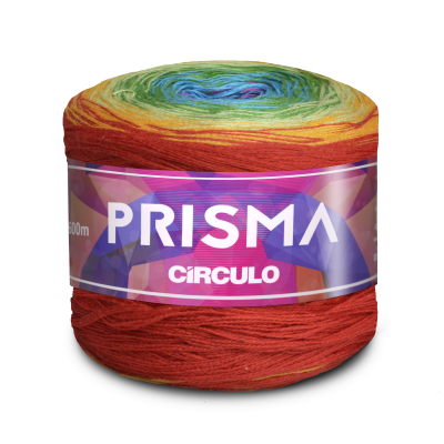 Novelo de fio multicolorido com rótulo PRISMA CÍRCULO