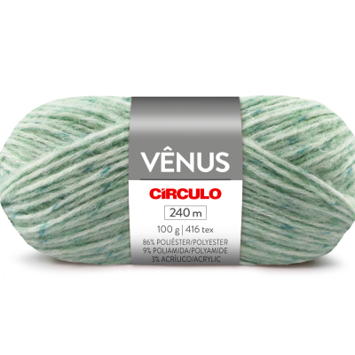 Novelo de lã verde claro com etiqueta com texto VÊNUS CÍRCULO 240 m 100 g 86% POLIÉSTER 9% POLIAMIDA 3% ACRÍLICO