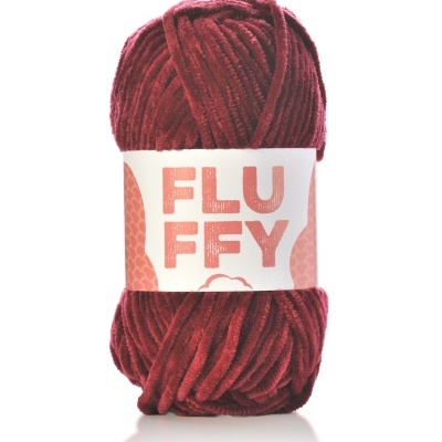 Novel de fio grosso vermelho com etiqueta FLUFFY