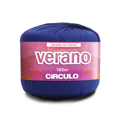 Novelo de fio azul escuro com etiqueta rosa VERANO