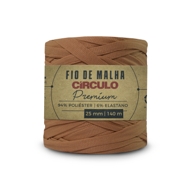 Fio de malha castanho Círculo Premium com rótulo informativo.