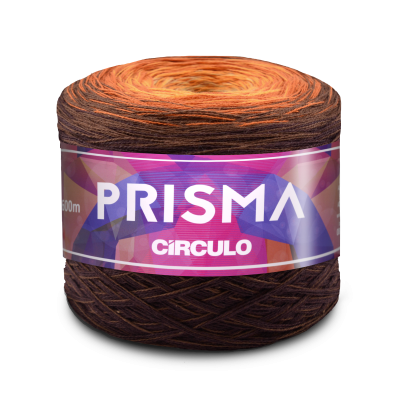 Cone de fio de malha castanho e laranja com rótulo colorido PRISMA CÍRCULO