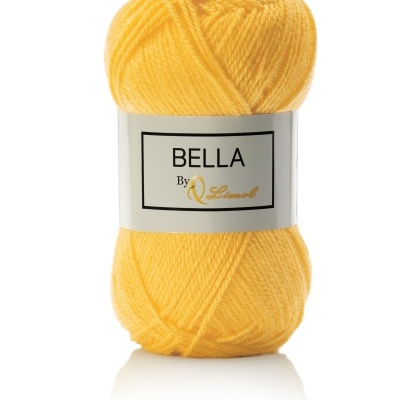 Novelo de lã amarelo com etiqueta branca e texto preto e dourado.