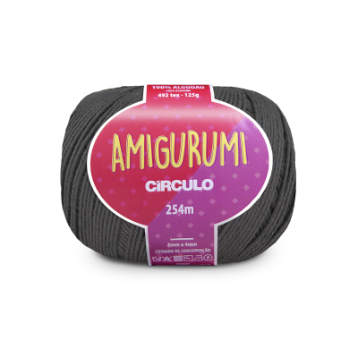 Novelo de fio cinzento escuro com etiqueta AMIGURUMI CÍRCULO