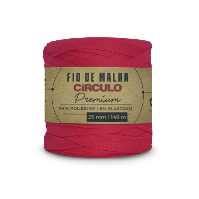 Rolo de fio de malha vermelho Círculo Premium com embalagem de papel castanha.