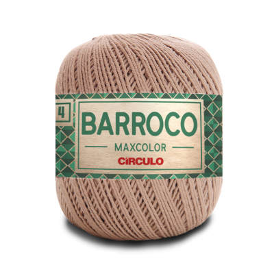 Novelo de fio de algodão bege com etiqueta verde e dourada 'BARROCO MAXCOLOR CÍRCULO'.