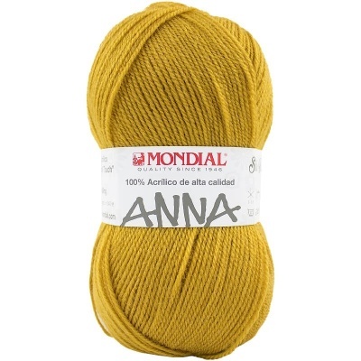 Novelo de lã acrílica amarela da marca MONDIAL com etiqueta branca