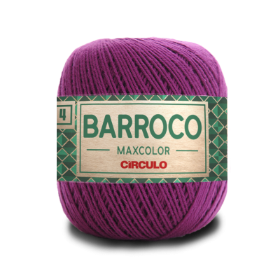 Novelo de fio de algodão roxo com rótulo verde e bege da marca Barroco
