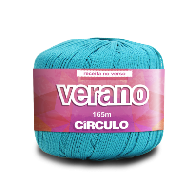 Novelo de fio azul turquesa com etiqueta rosa Círculo Verano