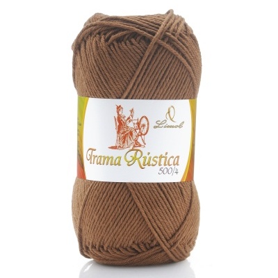 Novelo de lã castanho Grama Rústica 500/4 com etiqueta branca e ilustração