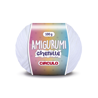 Novelo de fio chenille branco para amigurumi com etiqueta colorida