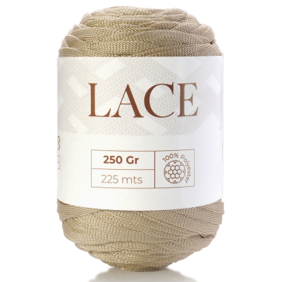 Bobina de fio de tricot bege da marca LACE com etiqueta