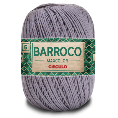 Novelo de fio de algodão cinza claro com etiqueta verde 'BARROCO MAXCOLOR CIRCULO'
