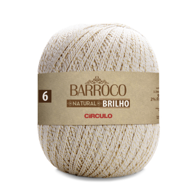 Novelo de fio branco com brilho dourado e rótulo de papel castanho