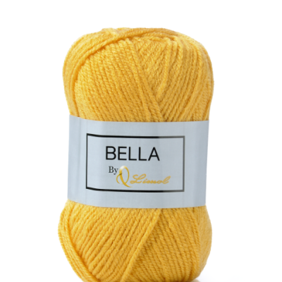 Novelo de lã amarelo com etiqueta branca e texto