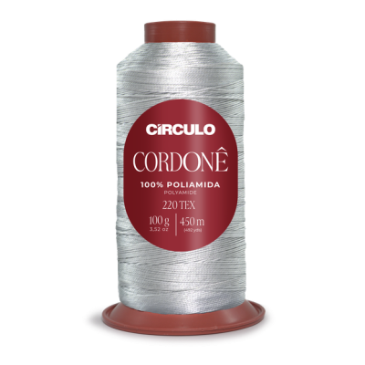 Cone de linha branca prateada Círculo Cordonê de poliamida com etiqueta vermelha