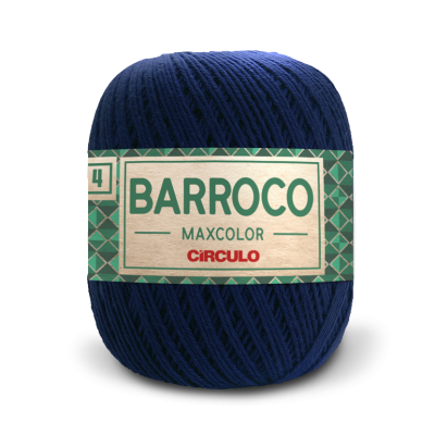 Novelo de linha azul escuro com etiqueta 'BARROCO MAXCOLOR CÍRCULO'