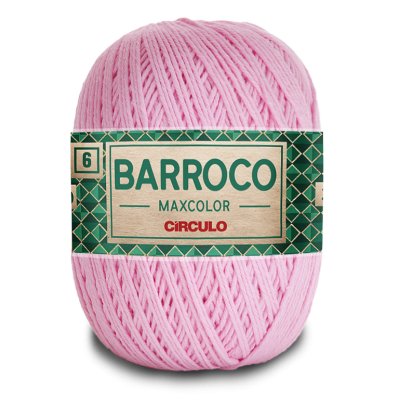 Novelo de linha rosa claro com etiqueta verde e bege da marca Círculo.