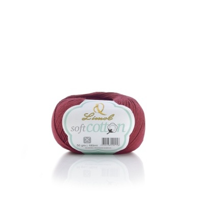 Novelo de fio soft cotton cor vinho com etiqueta branca