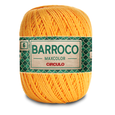 Novelo de fio têxtil amarelo com etiqueta verde 'BARROCO MAXCOLOR CÍRCULO'