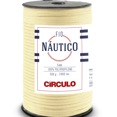 Carretel de fio náutico bege com etiqueta branca e detalhes em azul e vermelho