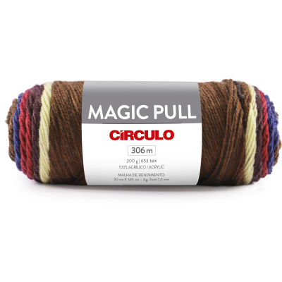 Rolo de fio acrílico multicolorido com etiqueta cinzenta e branca