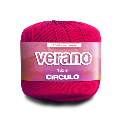 Novelo de fio rosa com etiqueta da marca Círculo e texto Verano