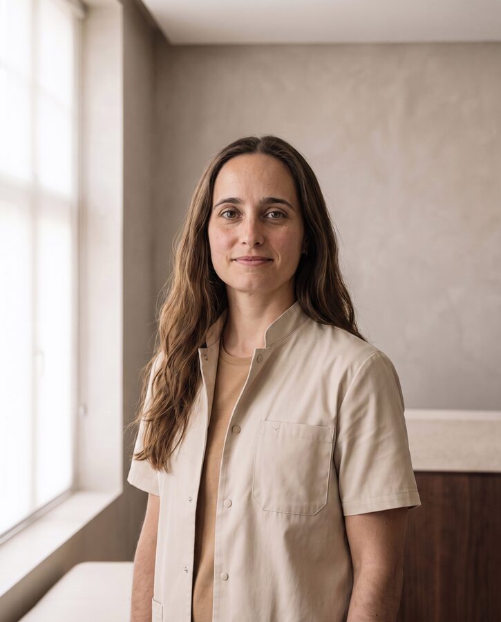 Dra. Patrícia Castanheira, de bata clara, numa sala de paredes claras da Riarte Clinic