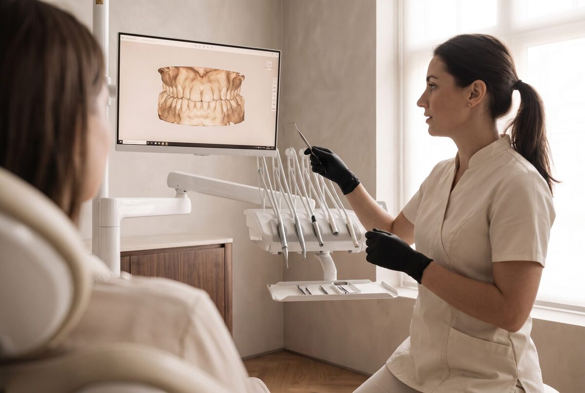 Consultório dentário com profissional e imagem digital de dentes no monitor.