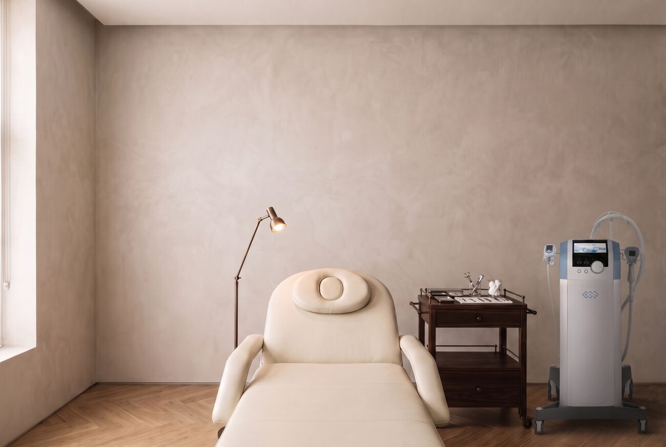 Aparelho de radiofrequência e ultrassons BTL Exilis, em coluna branca sobre rodas, junto à marquesa da sala de medicina estética