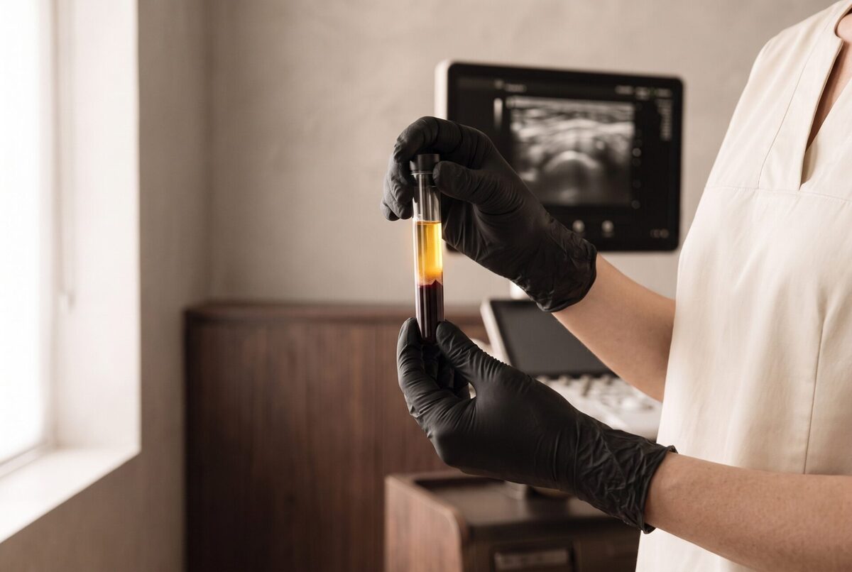 Mãos com luvas pretas a segurar tubo de ensaio com líquidos amarelo e vermelho em ambiente médico