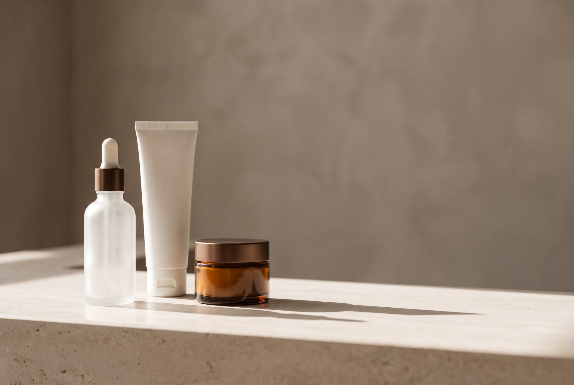 80% do envelhecimento da pele vem do sol Frascos de cosmética minimalistas em tom castanho e branco sobre superfície clara