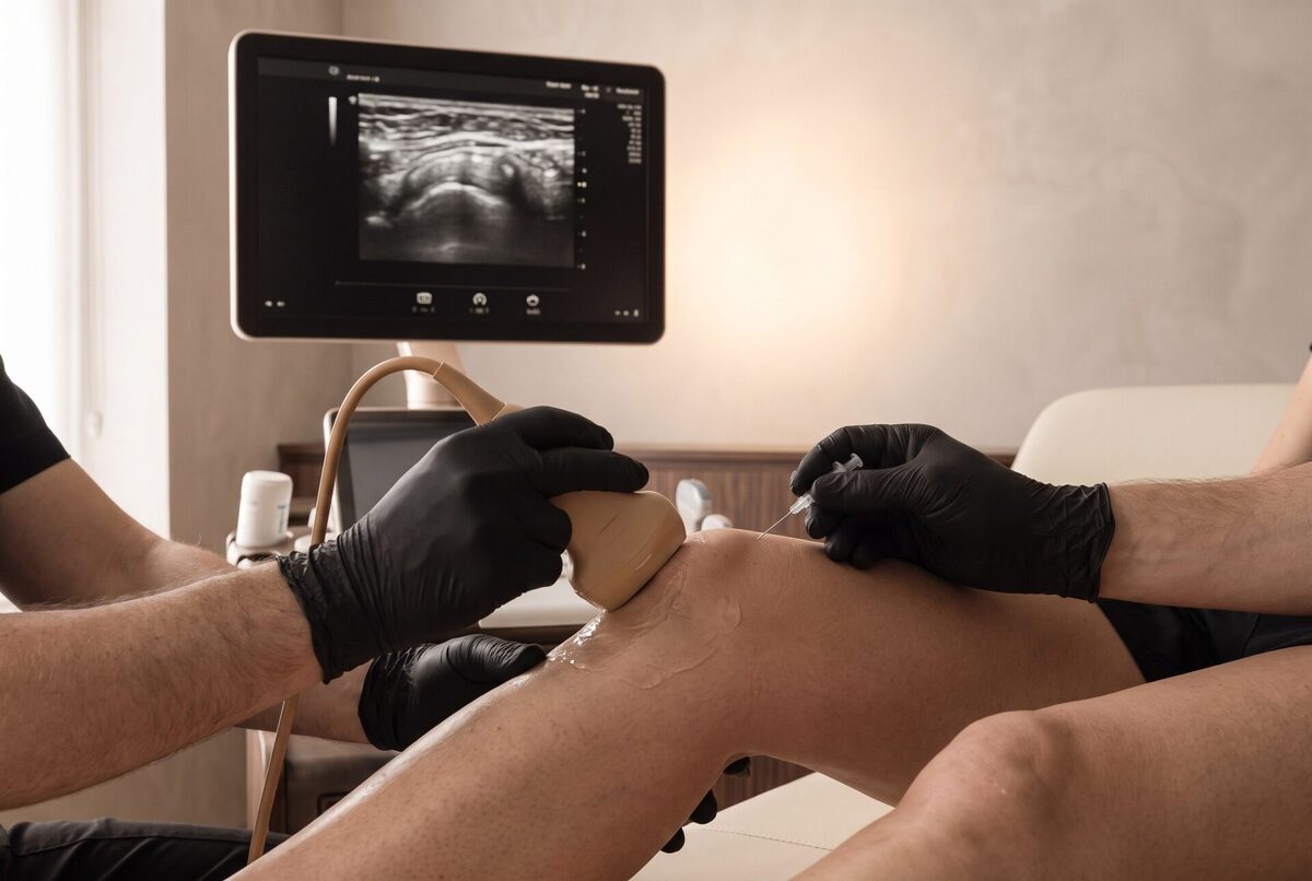 Mãos com luvas pretas usando sonda de ultrassom e agulha no joelho com ecrã de ultrassom ao fundo